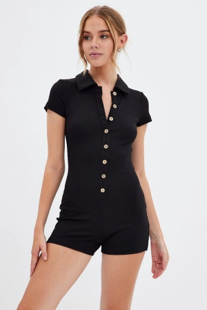 Black Romper Short Sleeve Collared