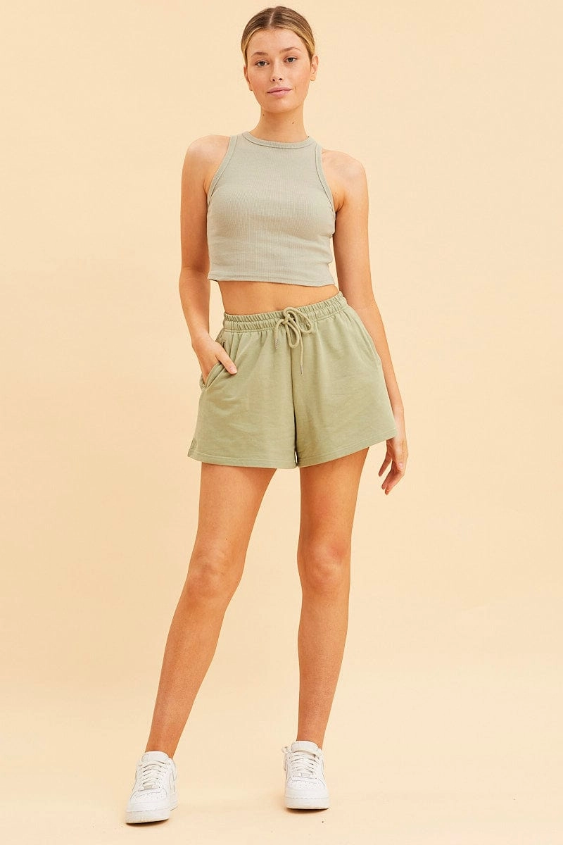 Green Cropped Tank Cotton Blend Rib High Neck Racer Back