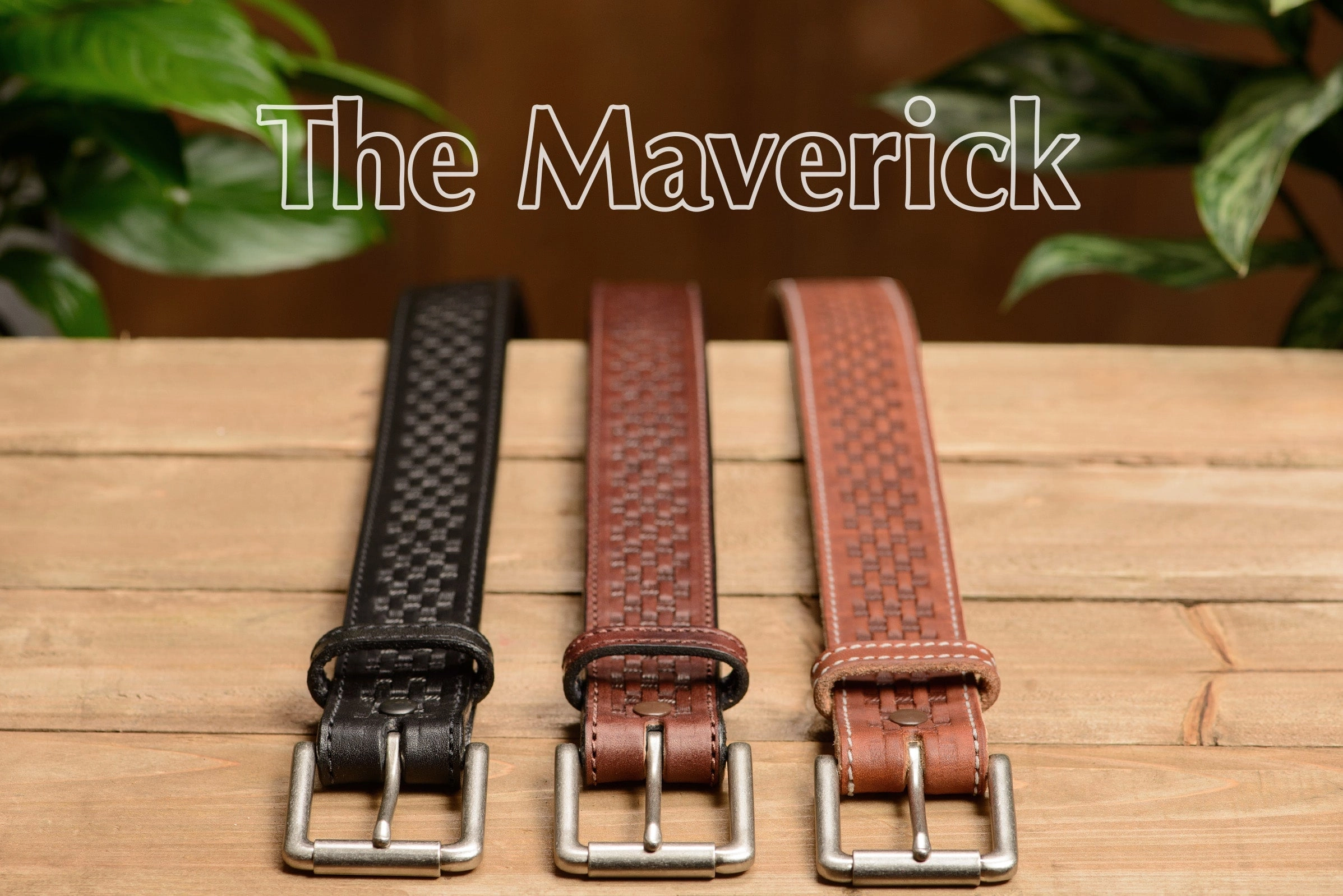 The Maverick: Men's Black Stitched Basket Weave Leather Belt 1.50"
