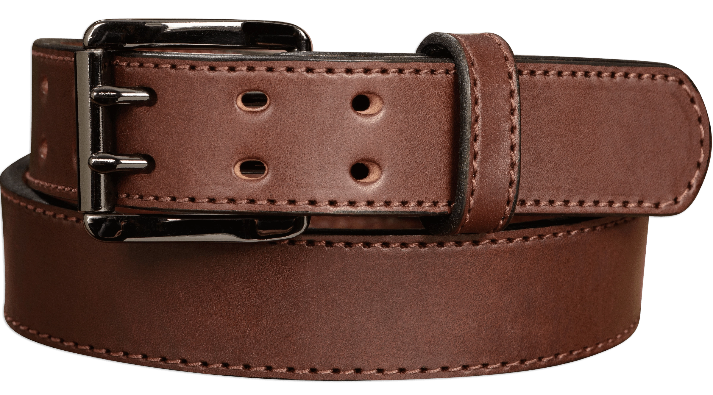 The Viper: Men's Brown Stitched Leather Belt With Double Prong Gunmetal Buckle - 1.50" Max