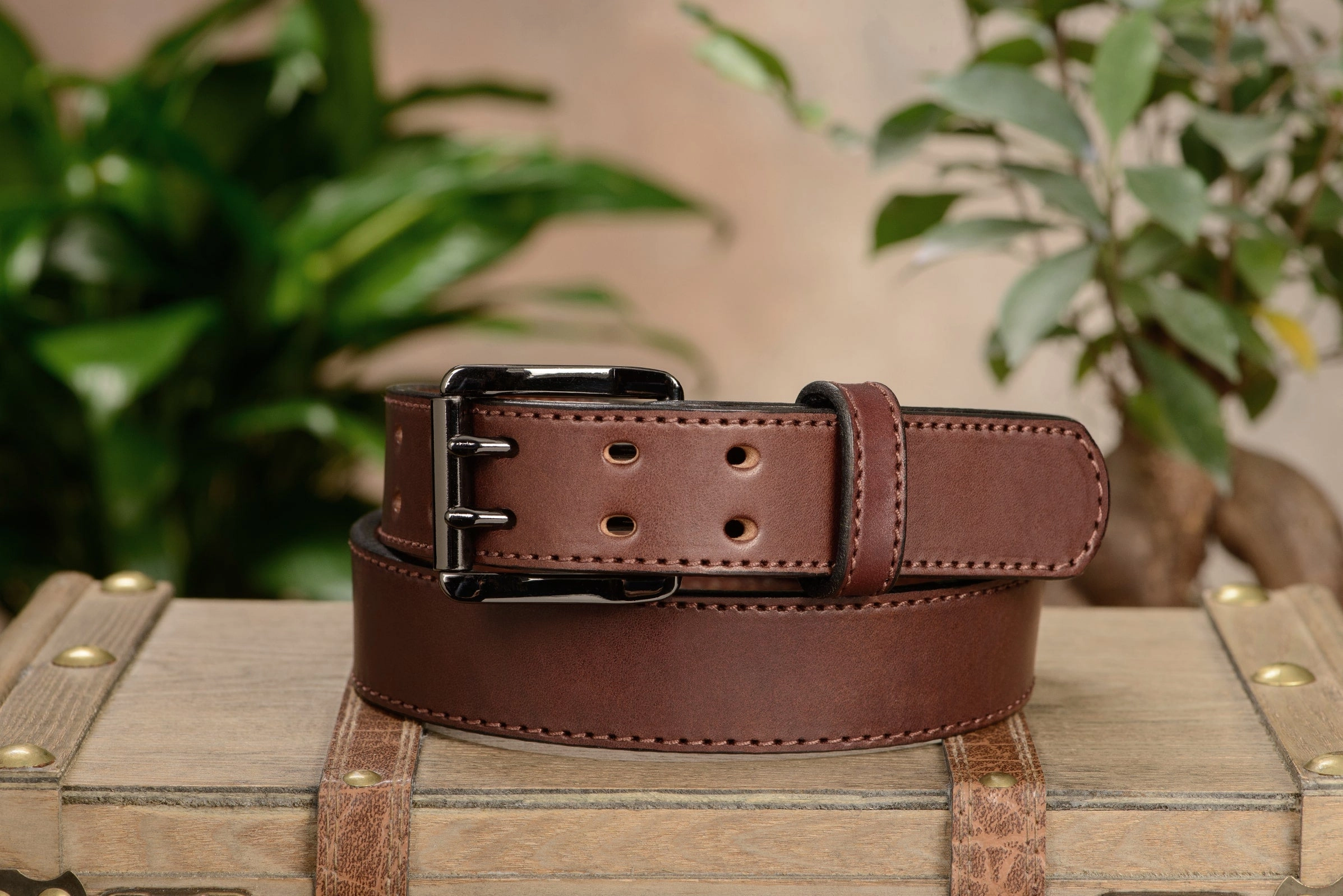 The Viper: Men's Brown Stitched Leather Belt With Double Prong Gunmetal Buckle - 1.50" Max