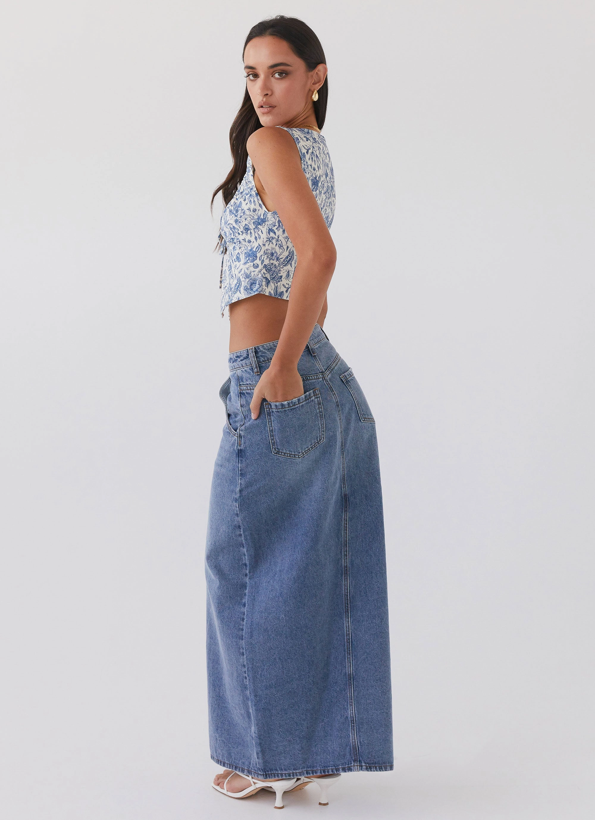 Walk This Way Denim Maxi Skirt - Blue